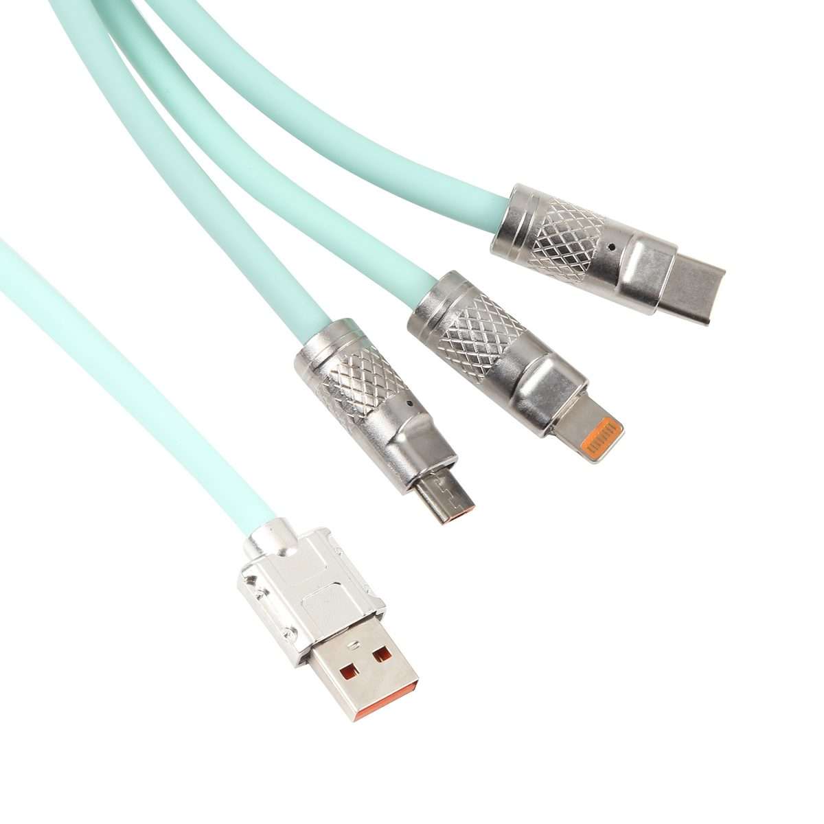 Mech Series 6A 120W 3 in 1 Metal Plug Silicone Fast Charging Data Cable, Length: 1.2m(Mint Green)