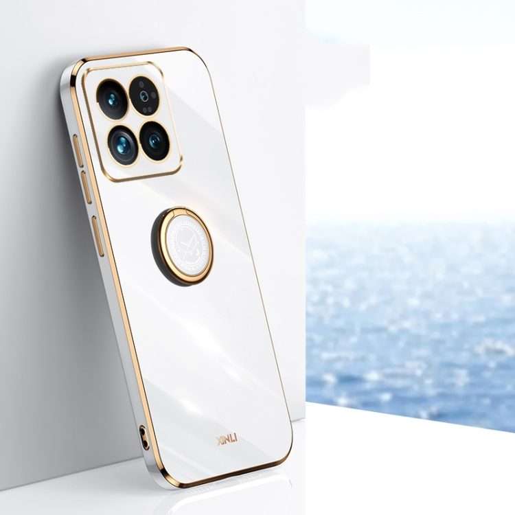 For Xiaomi 14 Pro XINLI Straight Edge 6D Electroplate TPU Phone Case with Ring Holder(White)