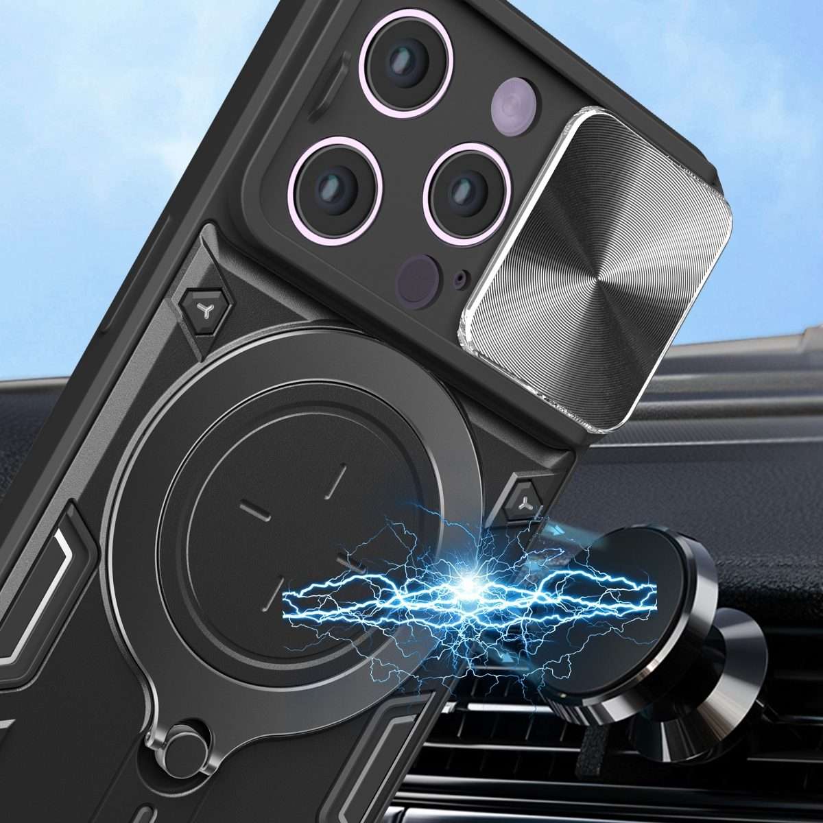 For iPhone 14 Pro CD Texture Sliding Camshield Magnetic Holder Phone Case(Black)
