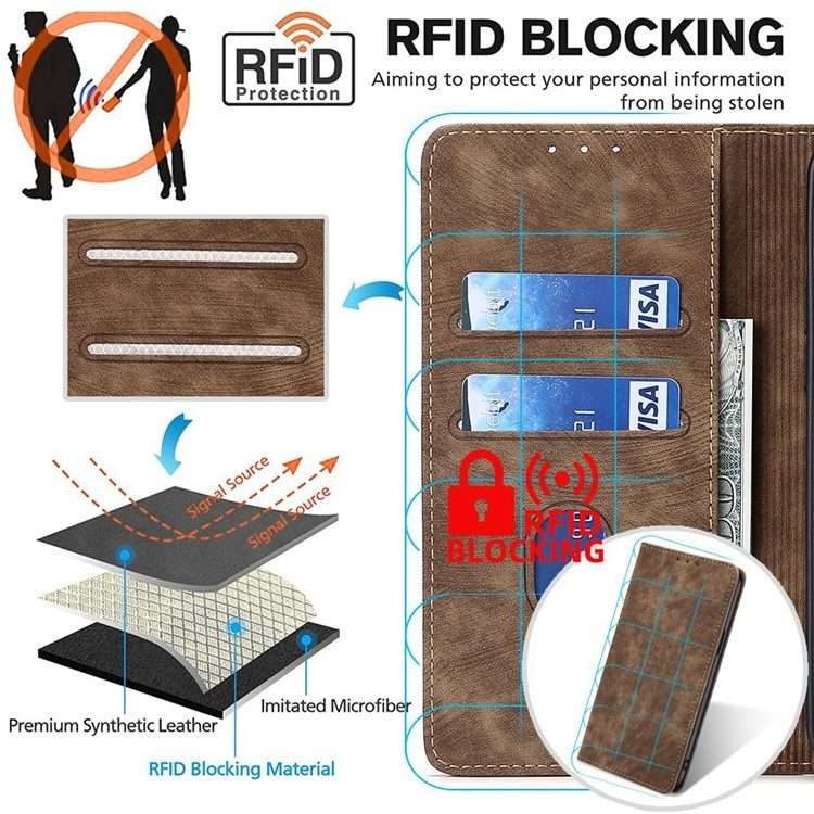 For Xiaomi 14 Pro RFID Anti-theft Brush Magnetic Leather Phone Case(Brown)