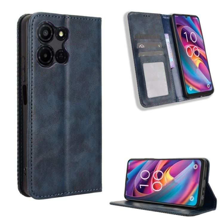 For TCL K32 5G / K33 5G Magnetic Buckle Retro Texture Leather Phone Case(Blue)