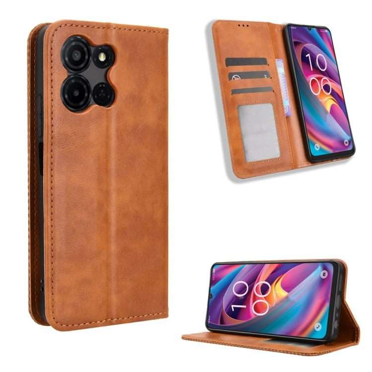 For TCL K32 5G / K33 5G Magnetic Buckle Retro Texture Leather Phone Case(Brown)