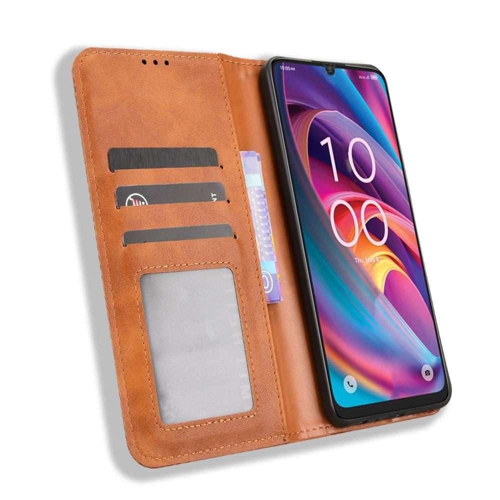 For TCL K32 5G / K33 5G Magnetic Buckle Retro Texture Leather Phone Case(Brown)