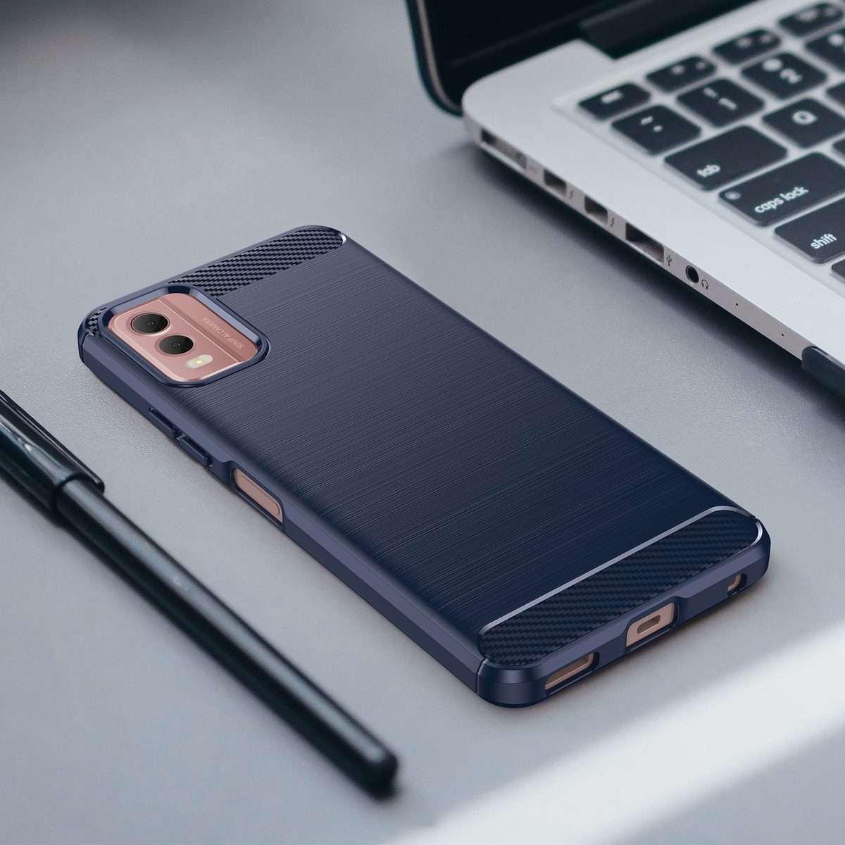 For Nokia C32 Brushed Texture Carbon Fiber TPU Phone Case(Blue)