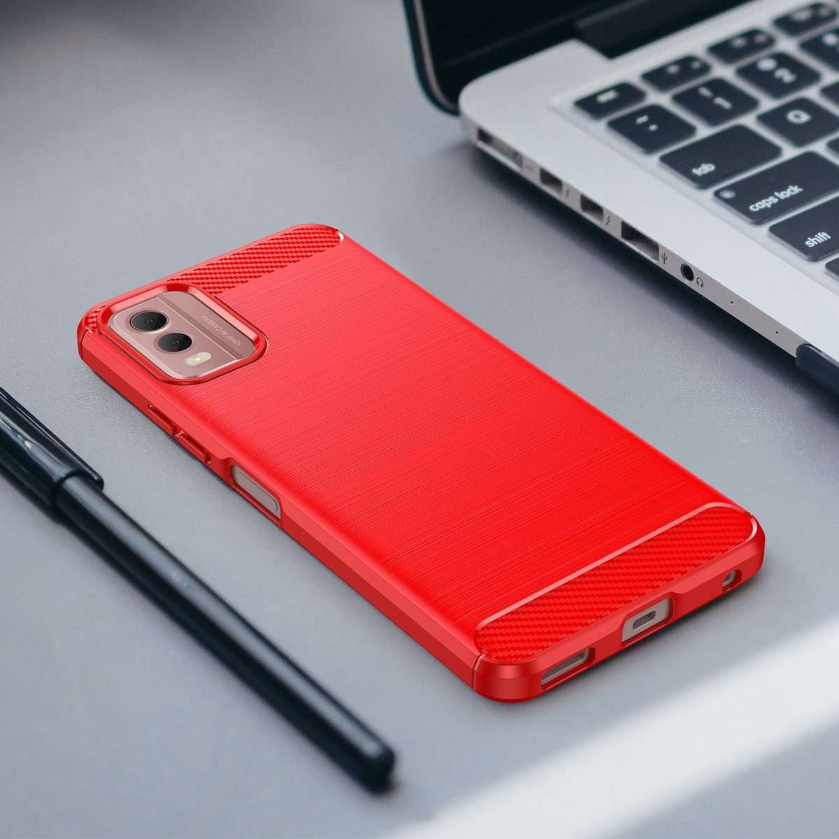 For Nokia C32 Brushed Texture Carbon Fiber TPU Phone Case(Red)