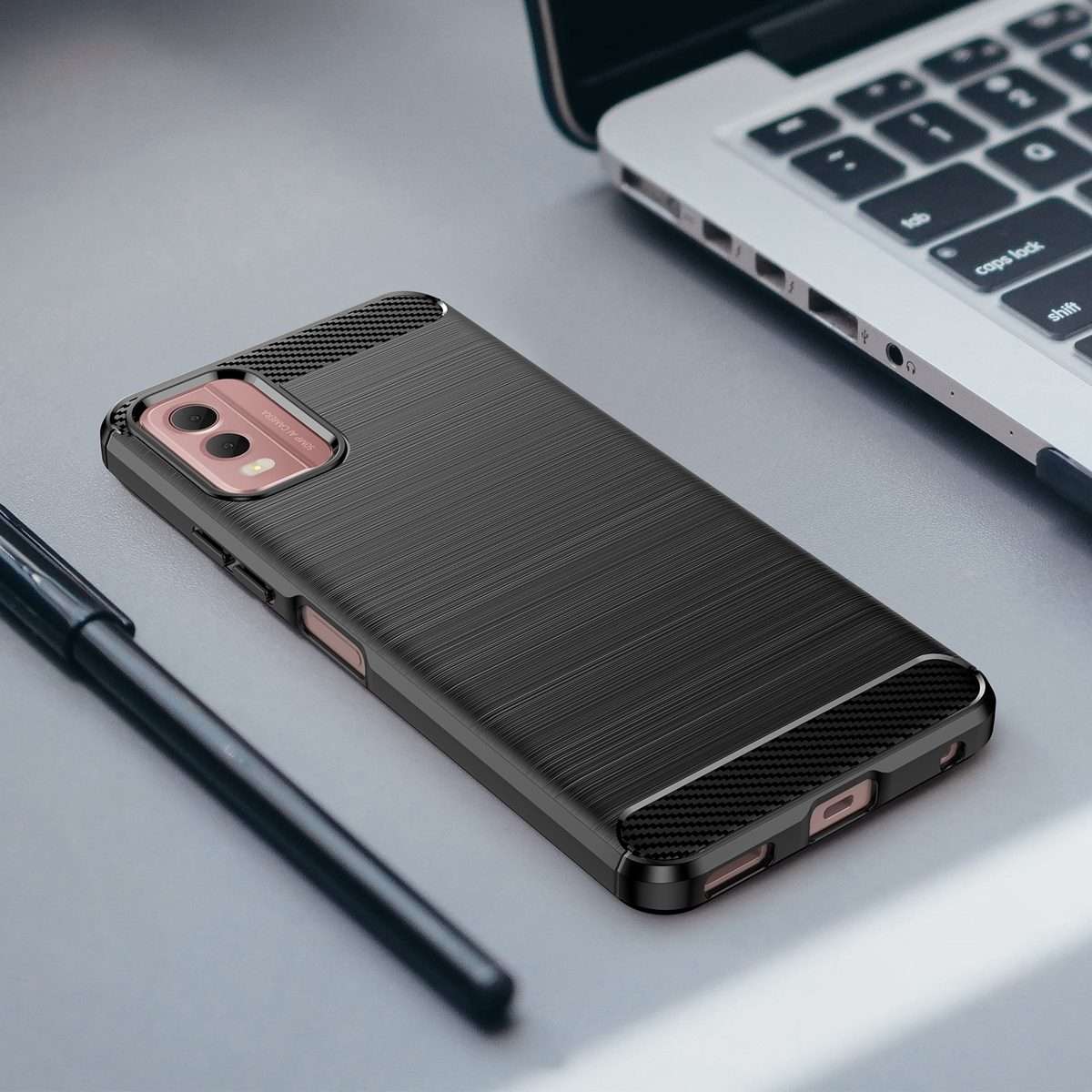 For Nokia C32 Brushed Texture Carbon Fiber TPU Phone Case(Black)