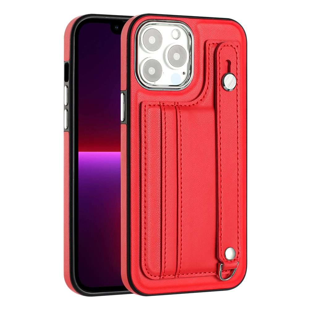 For iPhone 14 Pro Max Shockproof Leather Phone Case with Wrist Strap(Red)