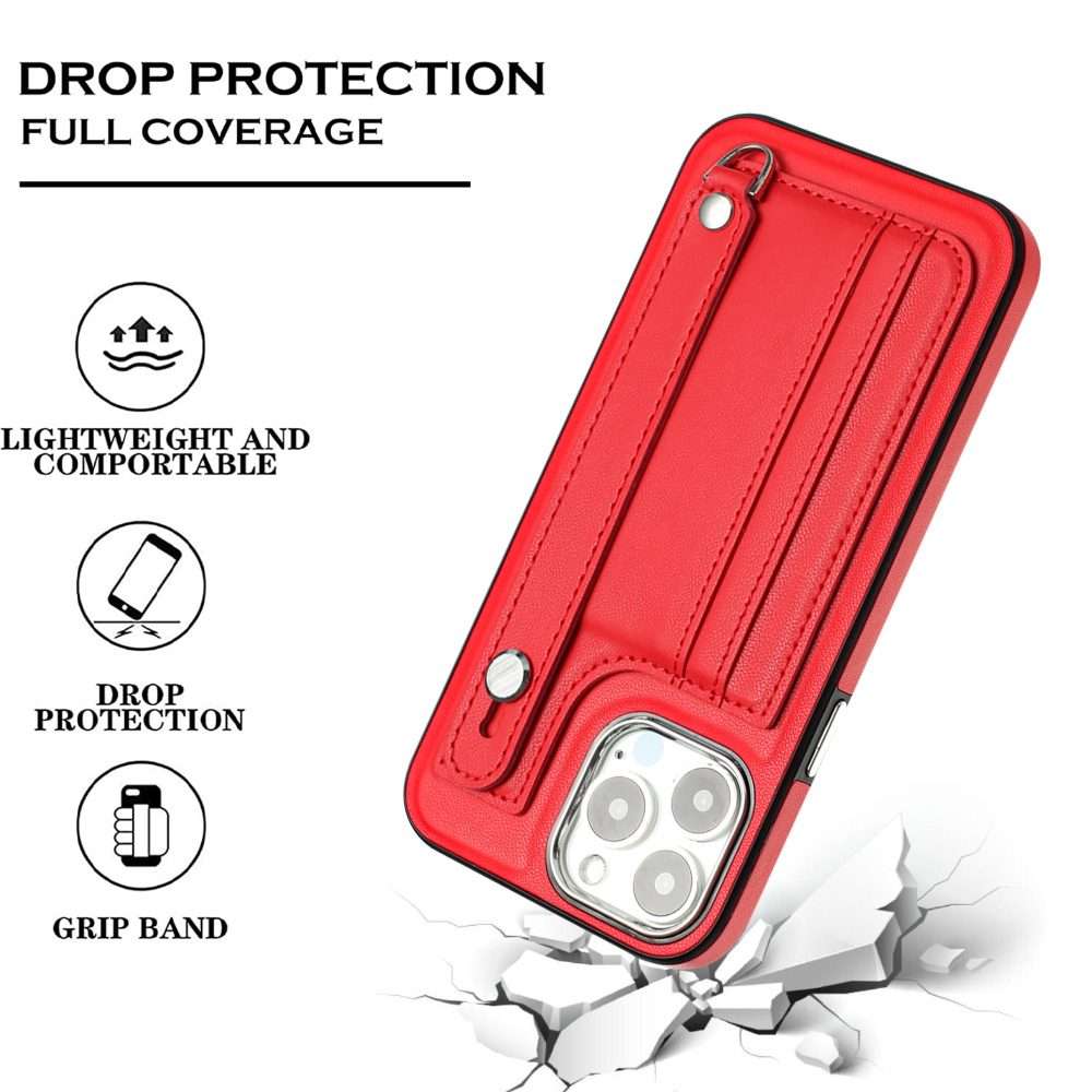 For iPhone 14 Pro Max Shockproof Leather Phone Case with Wrist Strap(Red)