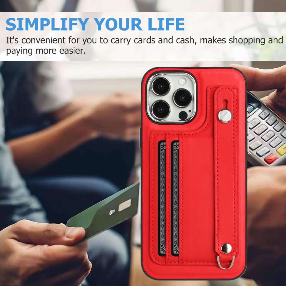 For iPhone 14 Pro Max Shockproof Leather Phone Case with Wrist Strap(Red)