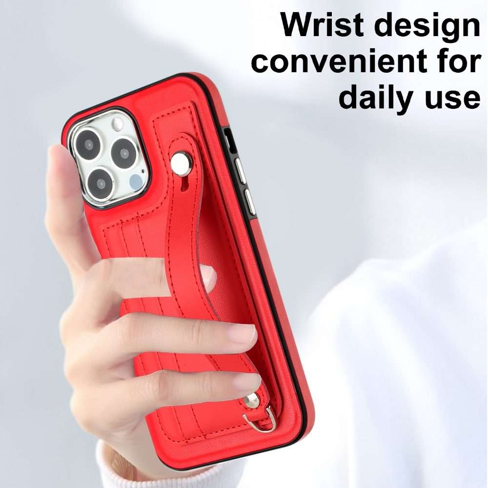 For iPhone 14 Pro Max Shockproof Leather Phone Case with Wrist Strap(Red)