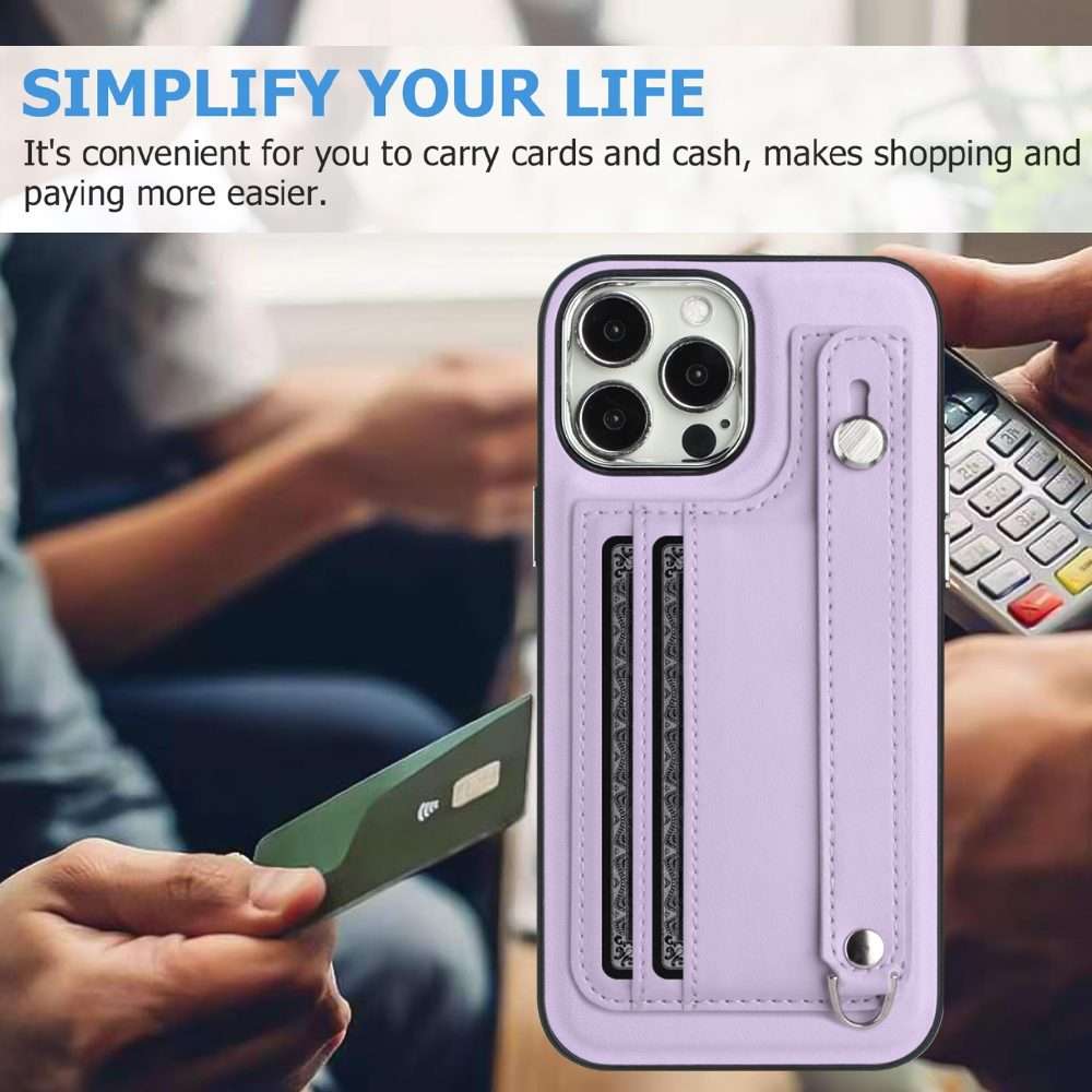 For iPhone 14 Pro Max Shockproof Leather Phone Case with Wrist Strap(Purple)