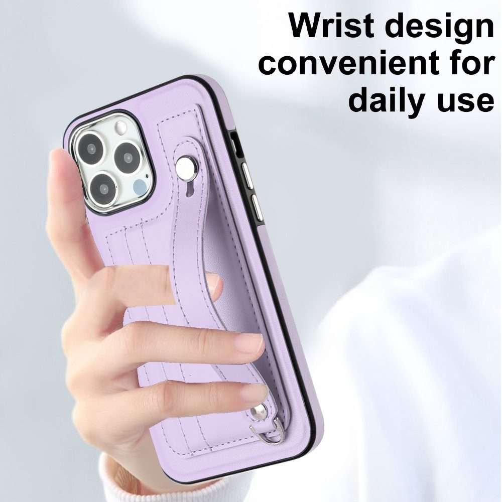 For iPhone 14 Pro Max Shockproof Leather Phone Case with Wrist Strap(Purple)