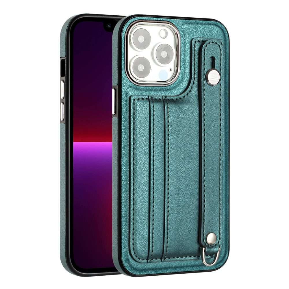 For iPhone 14 Pro Max Shockproof Leather Phone Case with Wrist Strap(Green)