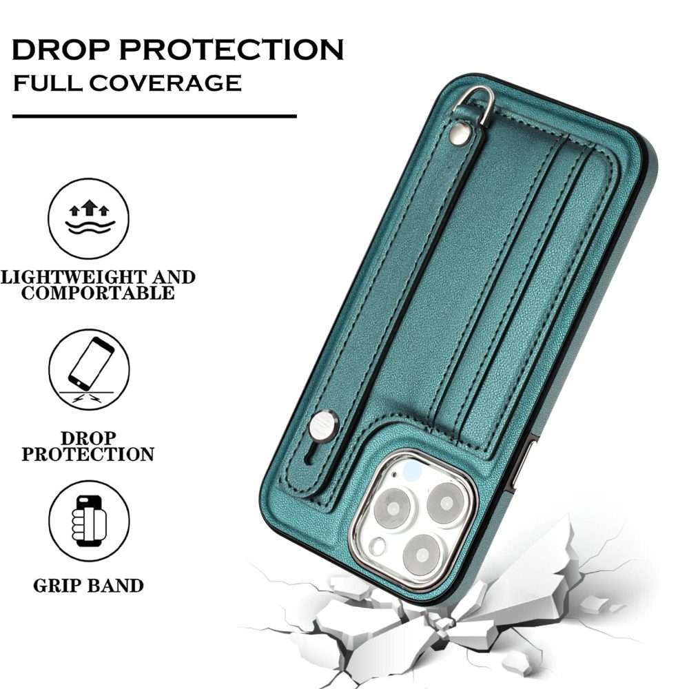 For iPhone 14 Pro Max Shockproof Leather Phone Case with Wrist Strap(Green)