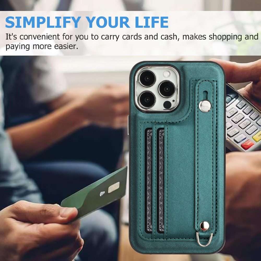 For iPhone 14 Pro Max Shockproof Leather Phone Case with Wrist Strap(Green)