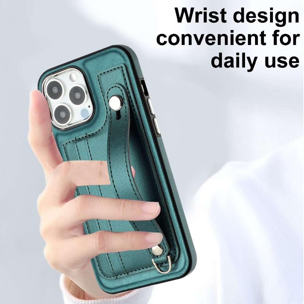 For iPhone 14 Pro Max Shockproof Leather Phone Case with Wrist Strap(Green)