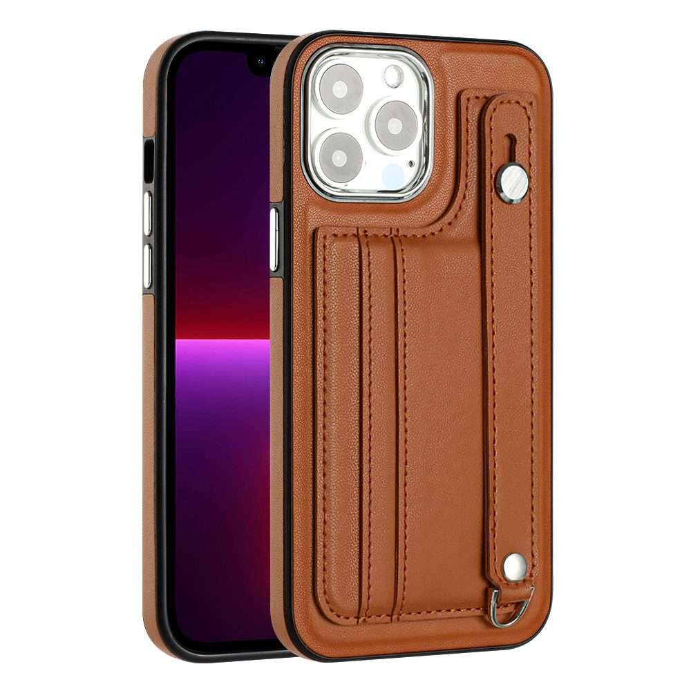 For iPhone 14 Pro Max Shockproof Leather Phone Case with Wrist Strap(Brown)