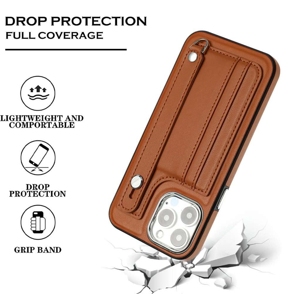 For iPhone 14 Pro Max Shockproof Leather Phone Case with Wrist Strap(Brown)