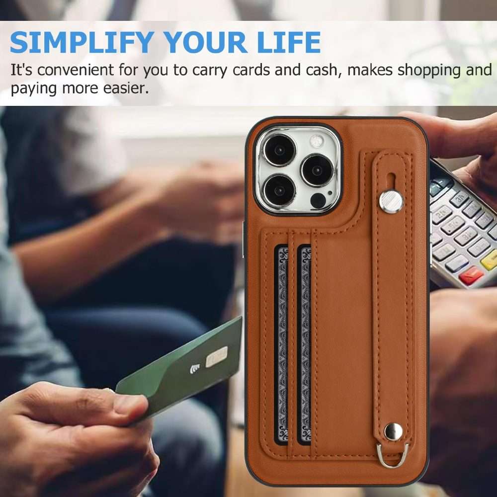 For iPhone 14 Pro Max Shockproof Leather Phone Case with Wrist Strap(Brown)
