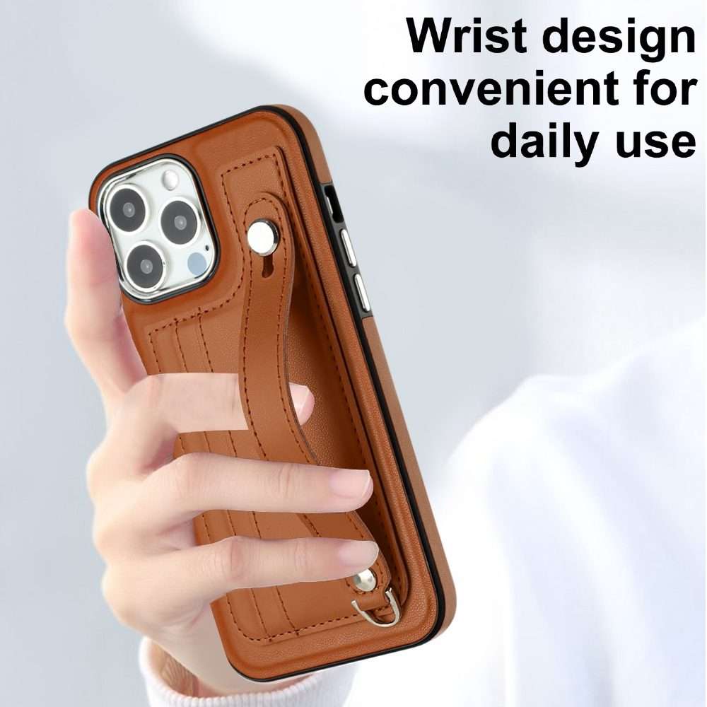 For iPhone 14 Pro Max Shockproof Leather Phone Case with Wrist Strap(Brown)