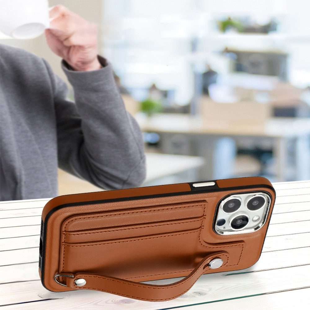 For iPhone 14 Pro Max Shockproof Leather Phone Case with Wrist Strap(Brown)
