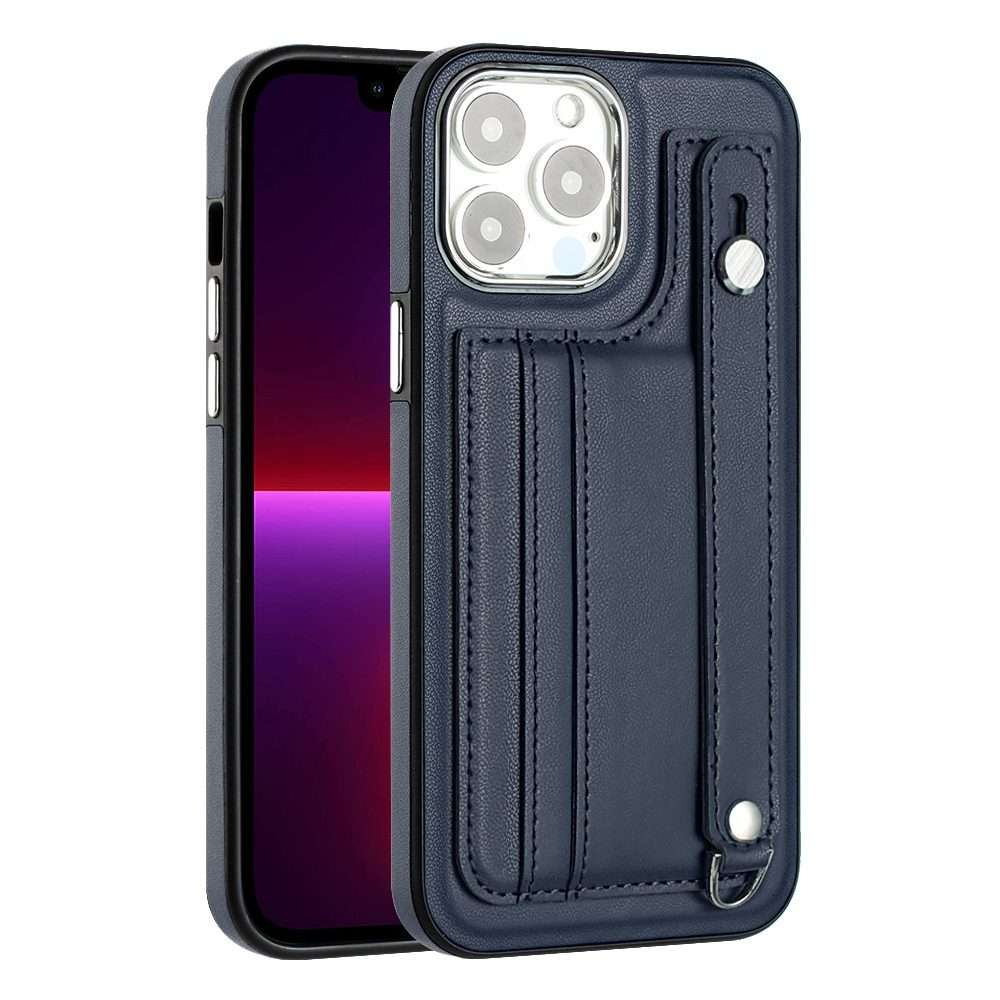 For iPhone 14 Pro Max Shockproof Leather Phone Case with Wrist Strap(Blue)