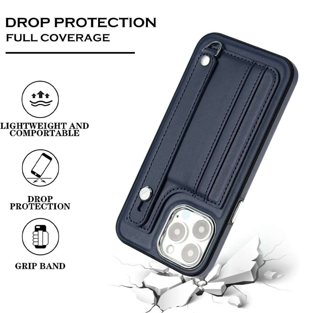 For iPhone 14 Pro Max Shockproof Leather Phone Case with Wrist Strap(Blue)