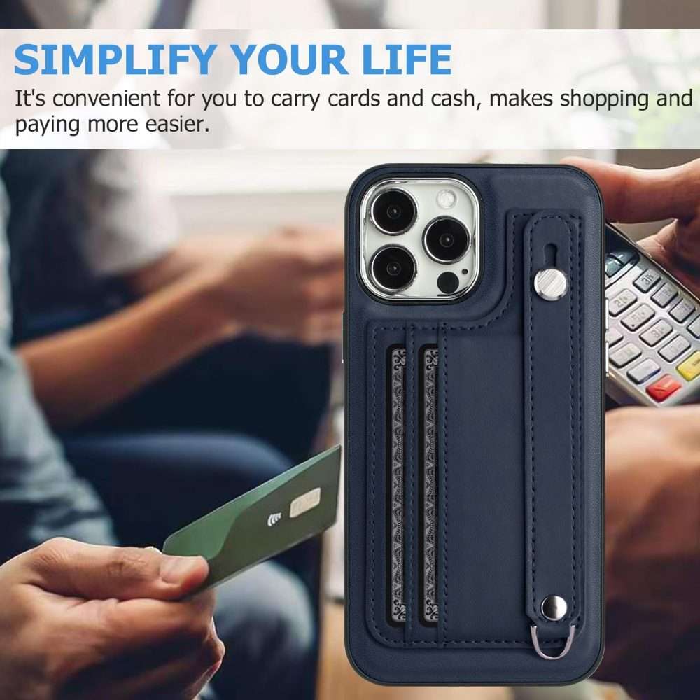 For iPhone 14 Pro Max Shockproof Leather Phone Case with Wrist Strap(Blue)