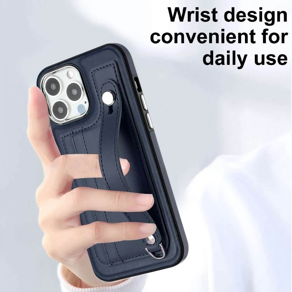 For iPhone 14 Pro Max Shockproof Leather Phone Case with Wrist Strap(Blue)