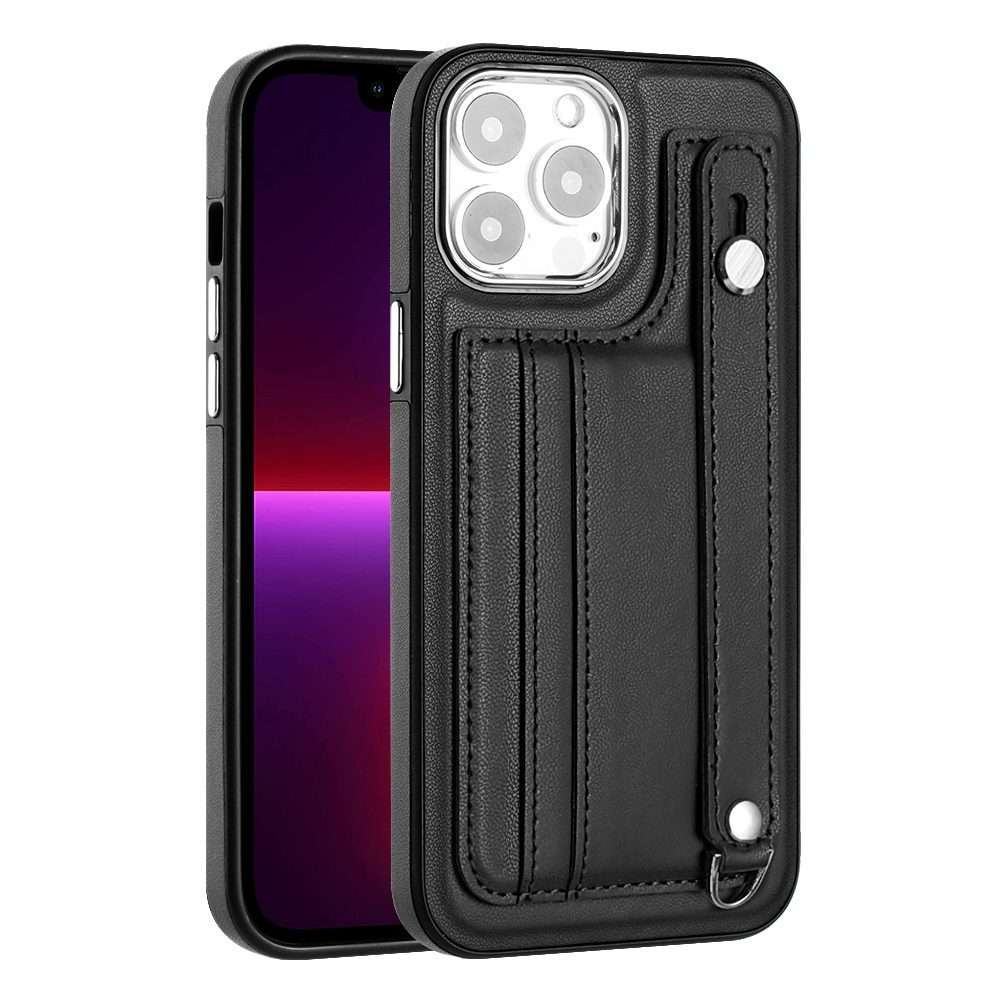 For iPhone 14 Pro Max Shockproof Leather Phone Case with Wrist Strap(Black)