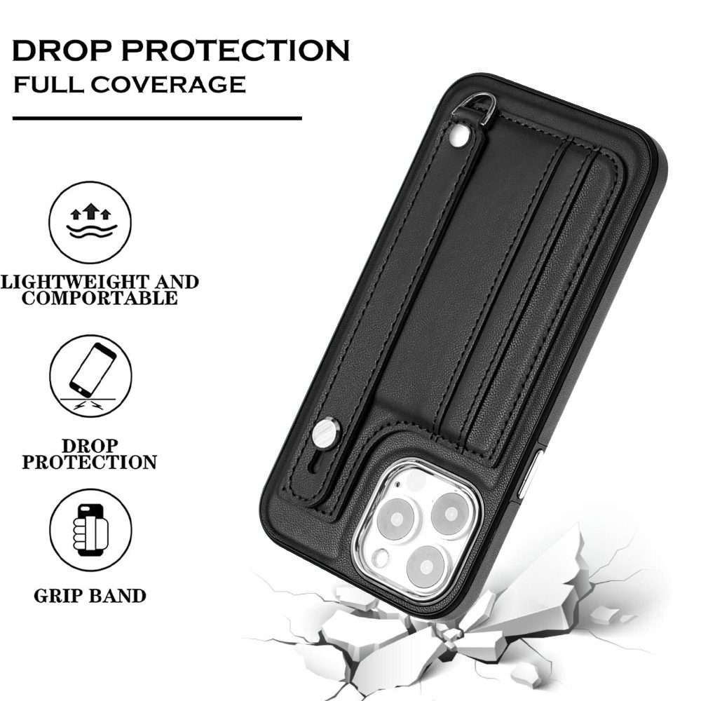 For iPhone 14 Pro Max Shockproof Leather Phone Case with Wrist Strap(Black)