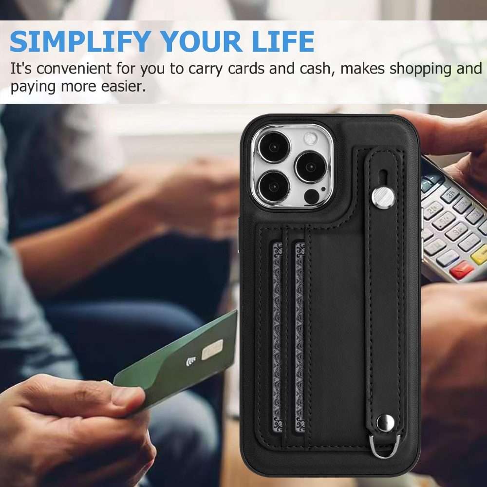 For iPhone 14 Pro Max Shockproof Leather Phone Case with Wrist Strap(Black)