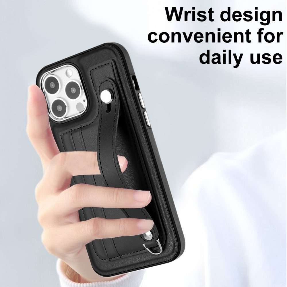 For iPhone 14 Pro Max Shockproof Leather Phone Case with Wrist Strap(Black)