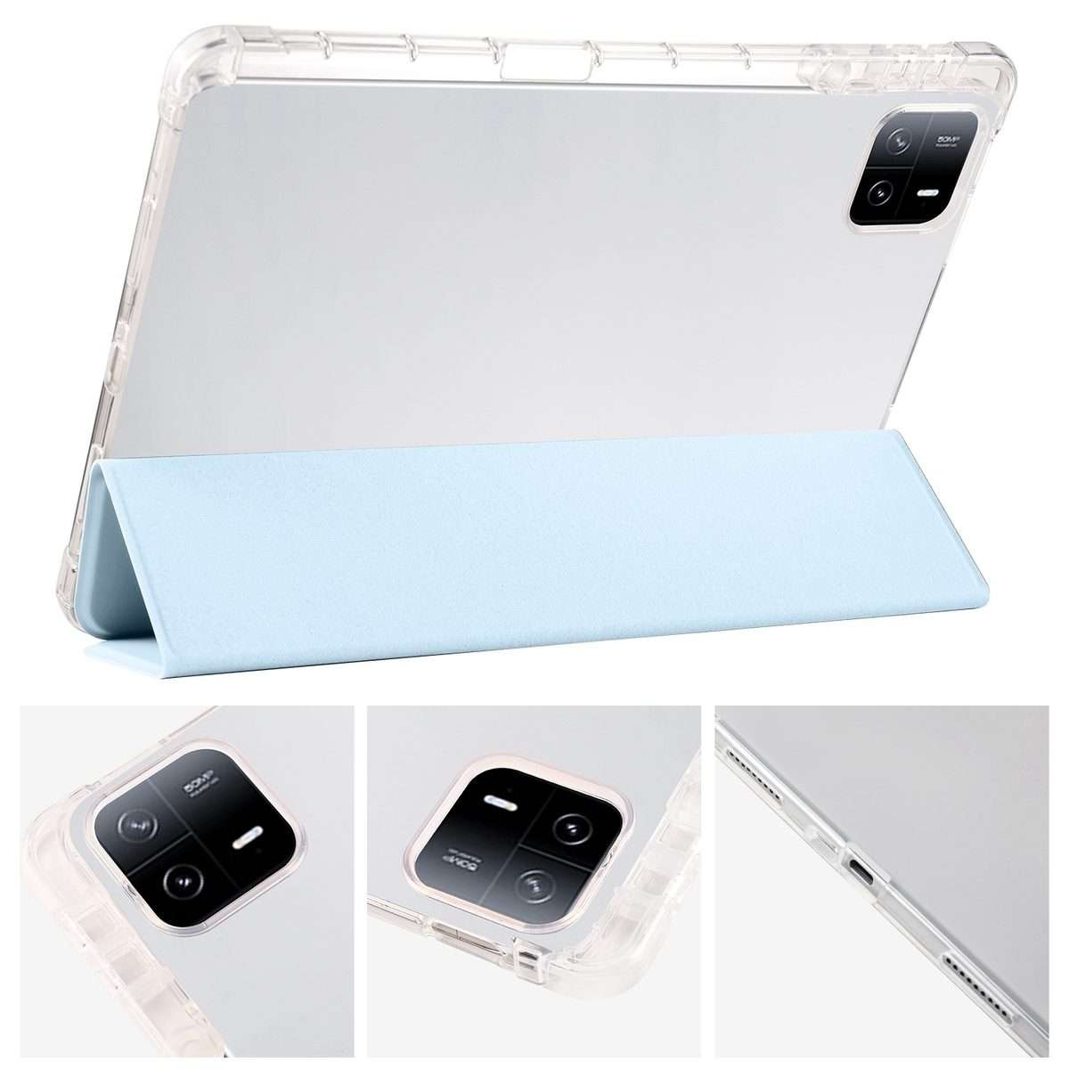 For Xiaomi Pad 7 / 7 Pro 3-fold Clear TPU Smart Leather Tablet Case with Pen Slot(Ice Blue)