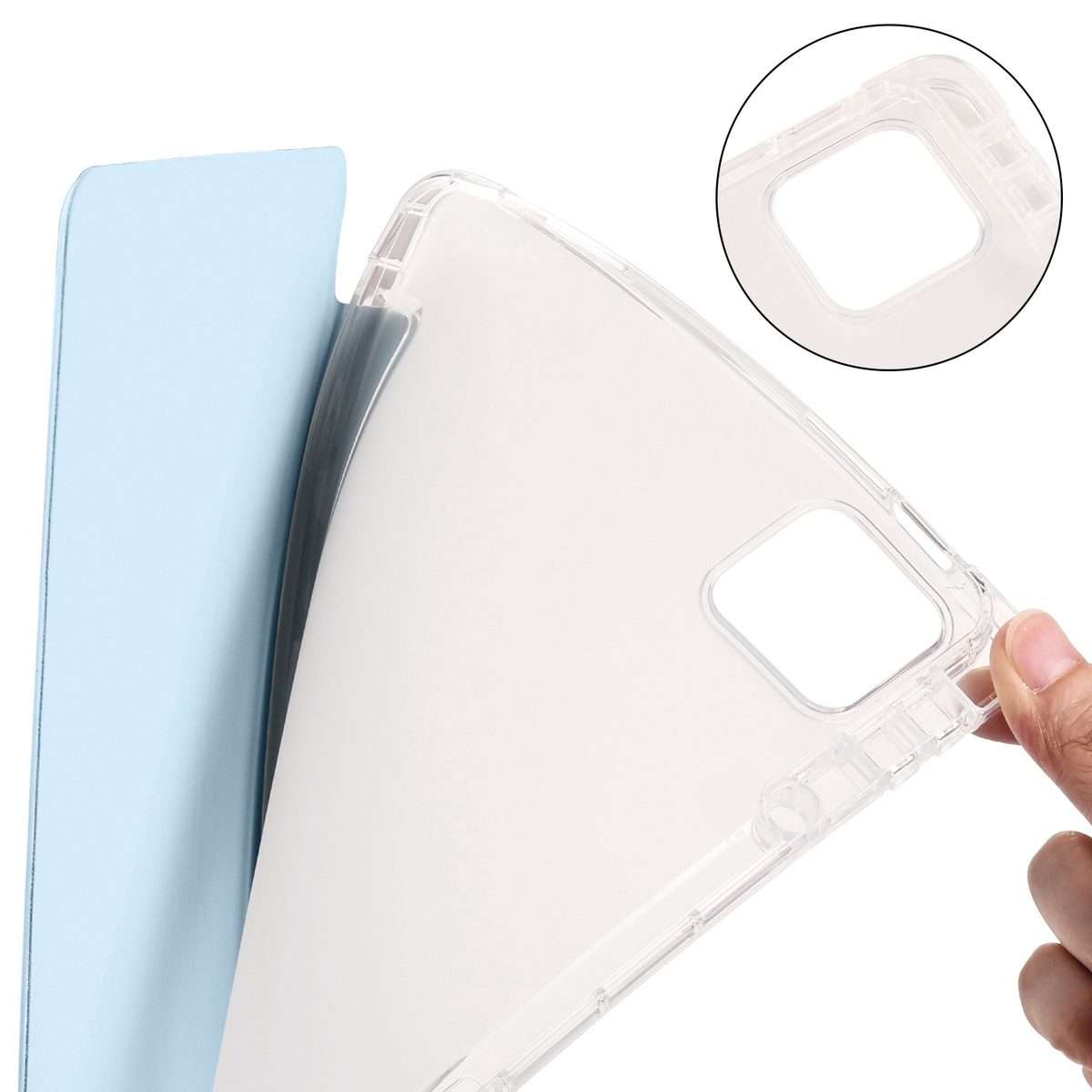 For Xiaomi Pad 7 / 7 Pro 3-fold Clear TPU Smart Leather Tablet Case with Pen Slot(Ice Blue)