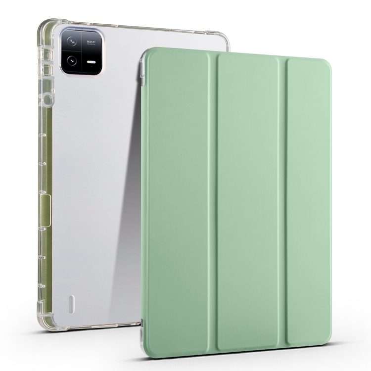 For Xiaomi Pad 7 / 7 Pro 3-fold Clear TPU Smart Leather Tablet Case with Pen Slot(Green)