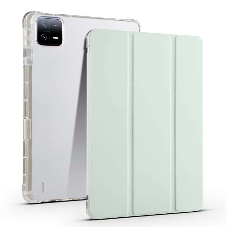 For Xiaomi Pad 7 / 7 Pro 3-fold Clear TPU Smart Leather Tablet Case with Pen Slot(Light Green)