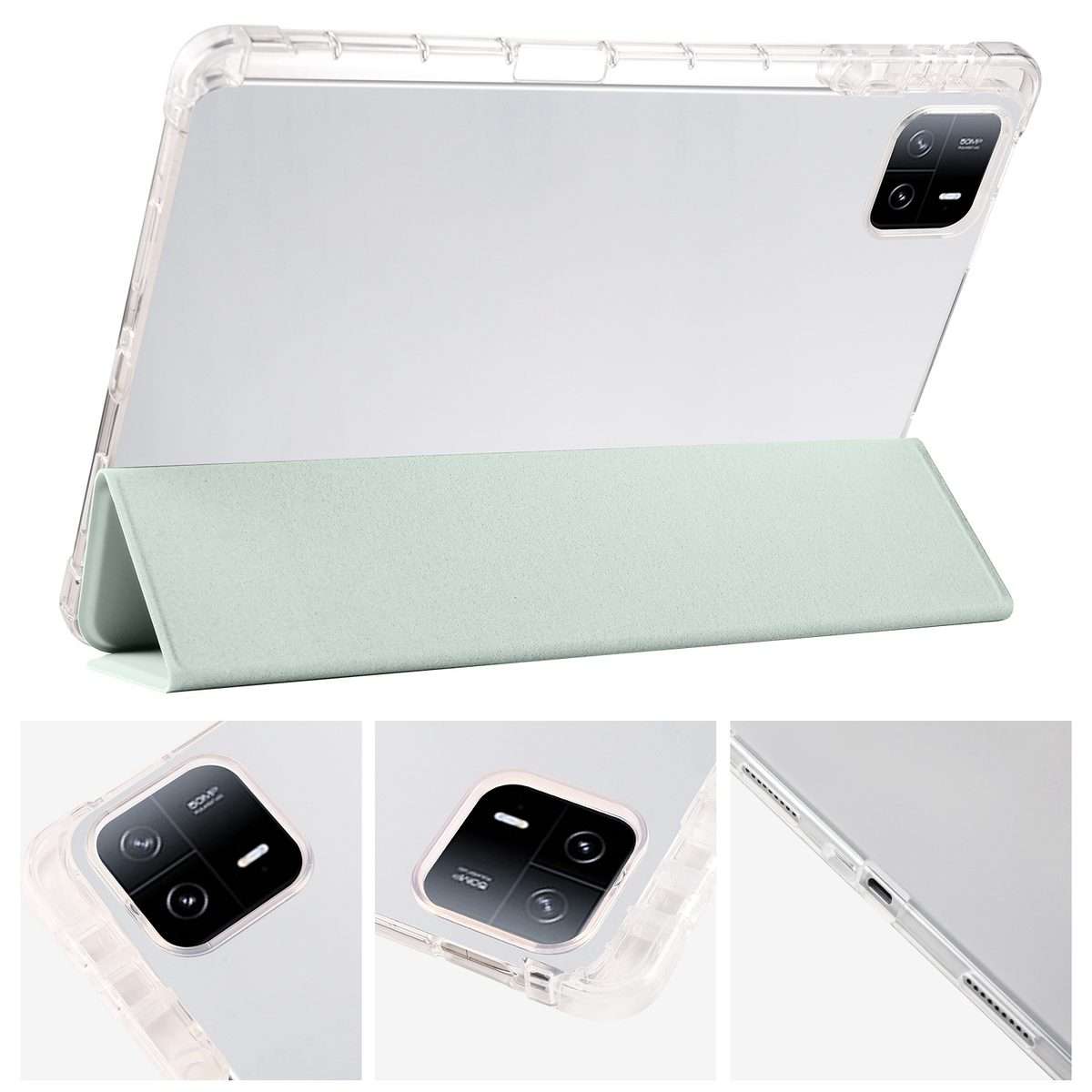 For Xiaomi Pad 7 / 7 Pro 3-fold Clear TPU Smart Leather Tablet Case with Pen Slot(Light Green)