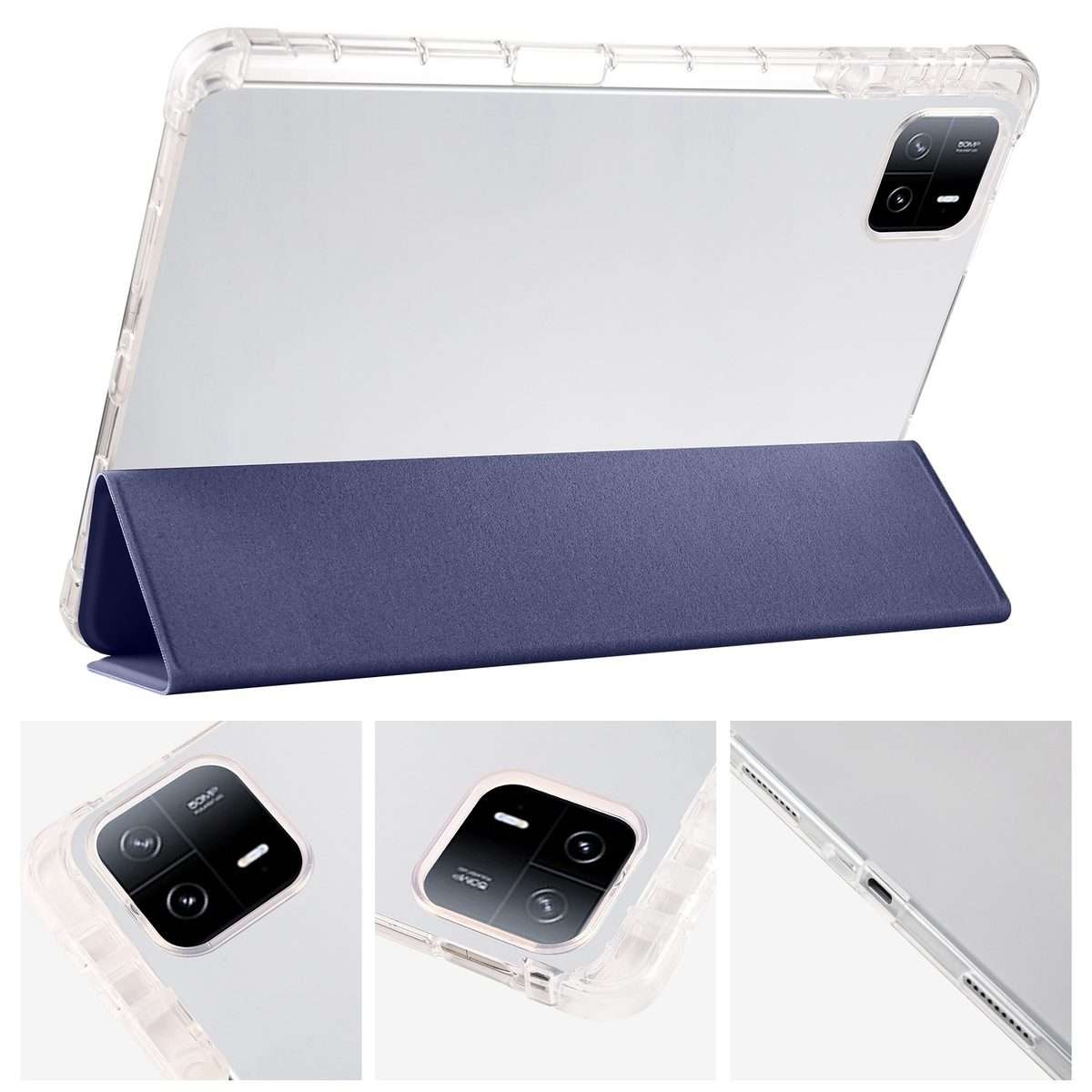For Xiaomi Pad 7 / 7 Pro 3-fold Clear TPU Smart Leather Tablet Case with Pen Slot(Dark Blue)