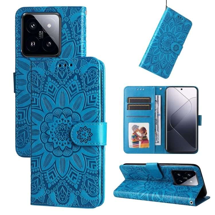 For Xiaomi 14 Pro Embossed Sunflower Leather Phone Case(Blue)