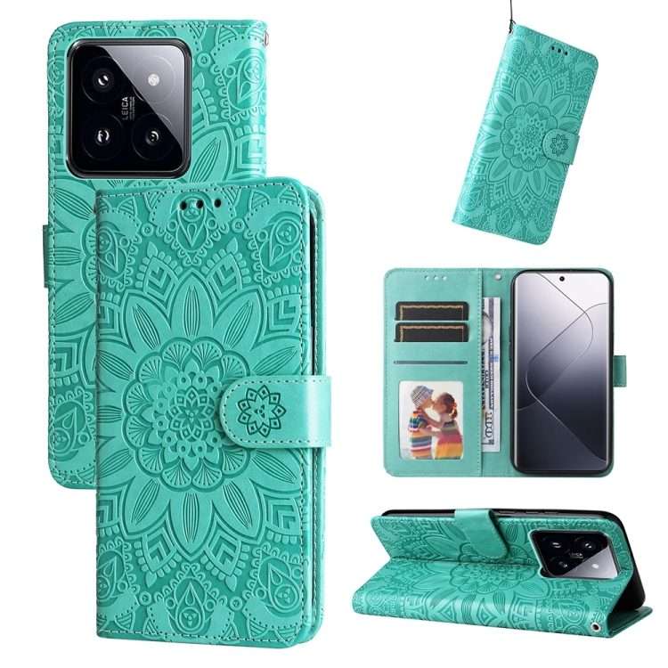 For Xiaomi 14 Pro Embossed Sunflower Leather Phone Case(Green)