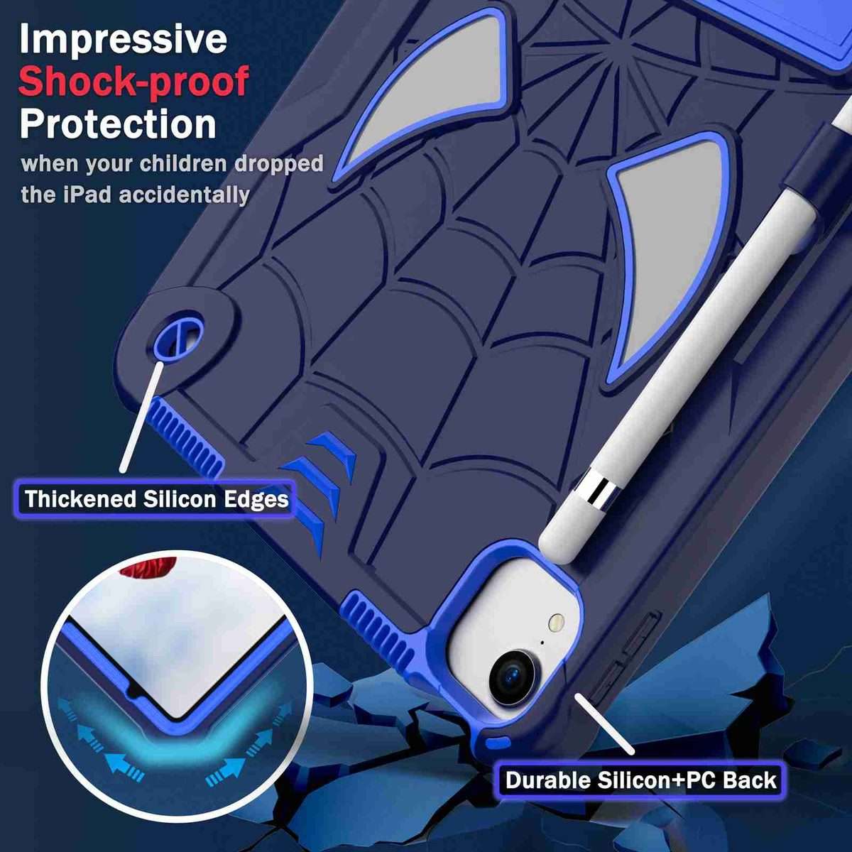 For iPad Pro 11 2021 / Air 5 10.9 Spider Texture Silicone Hybrid PC Tablet ... (Navy Blue + Blue)
