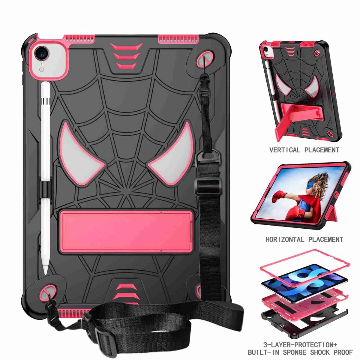 For iPad Pro 11 2021 / Air 5 10.9 Spider Texture Silicone Hybrid PC Tablet ... (Black + Rose Red)
