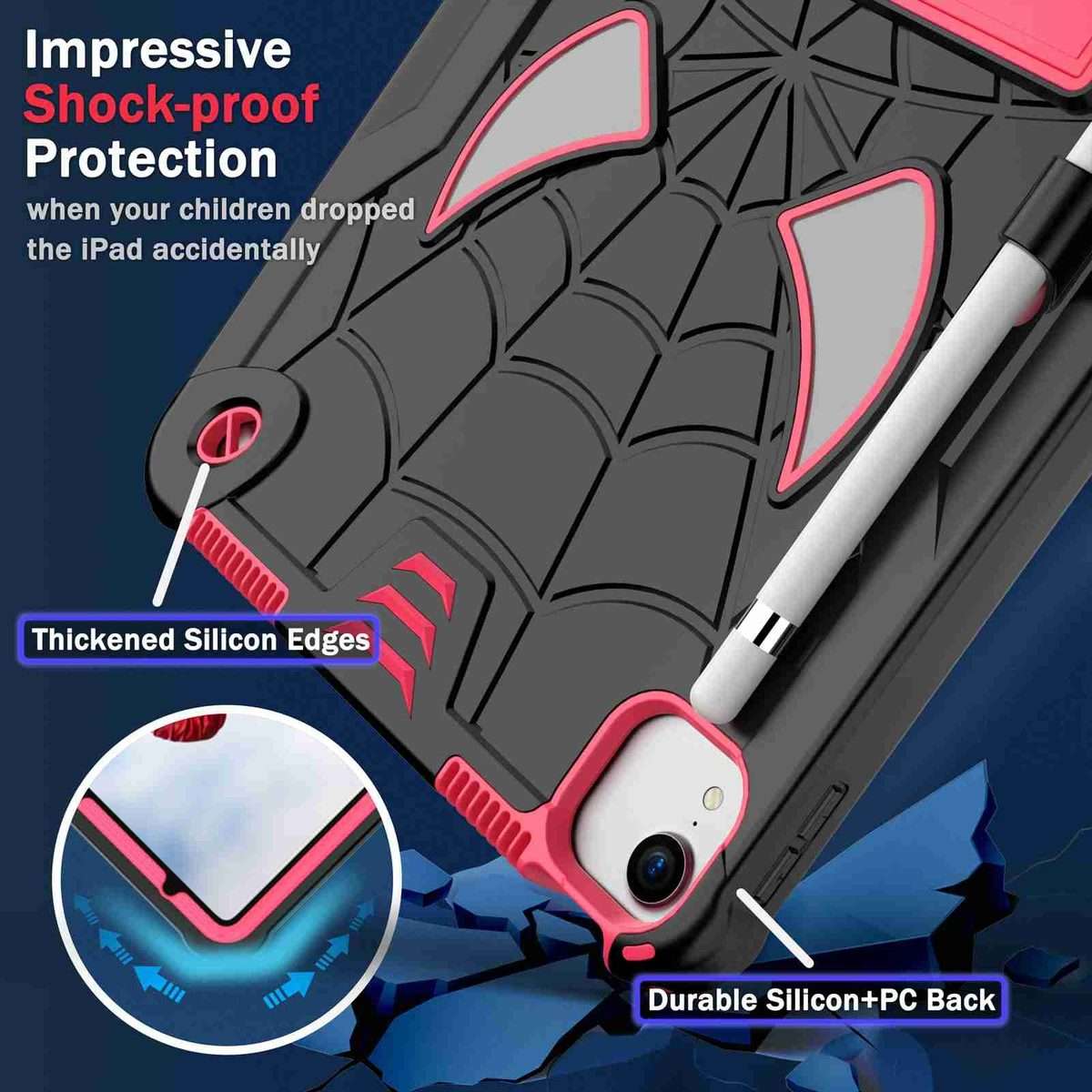 For iPad Pro 11 2021 / Air 5 10.9 Spider Texture Silicone Hybrid PC Tablet ... (Black + Rose Red)