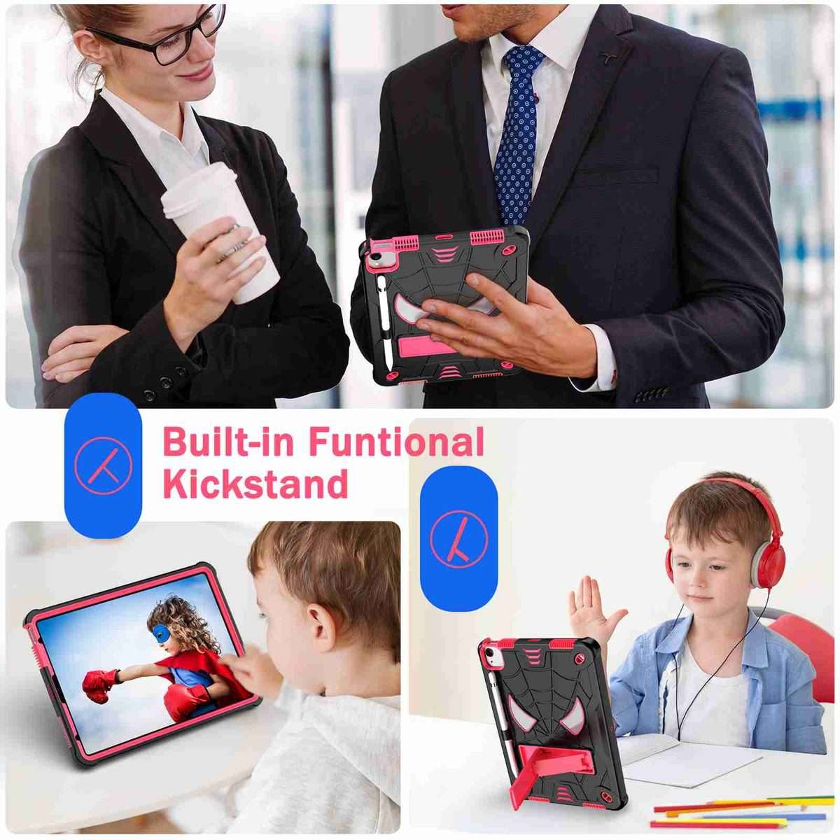 For iPad Pro 11 2021 / Air 5 10.9 Spider Texture Silicone Hybrid PC Tablet ... (Black + Rose Red)