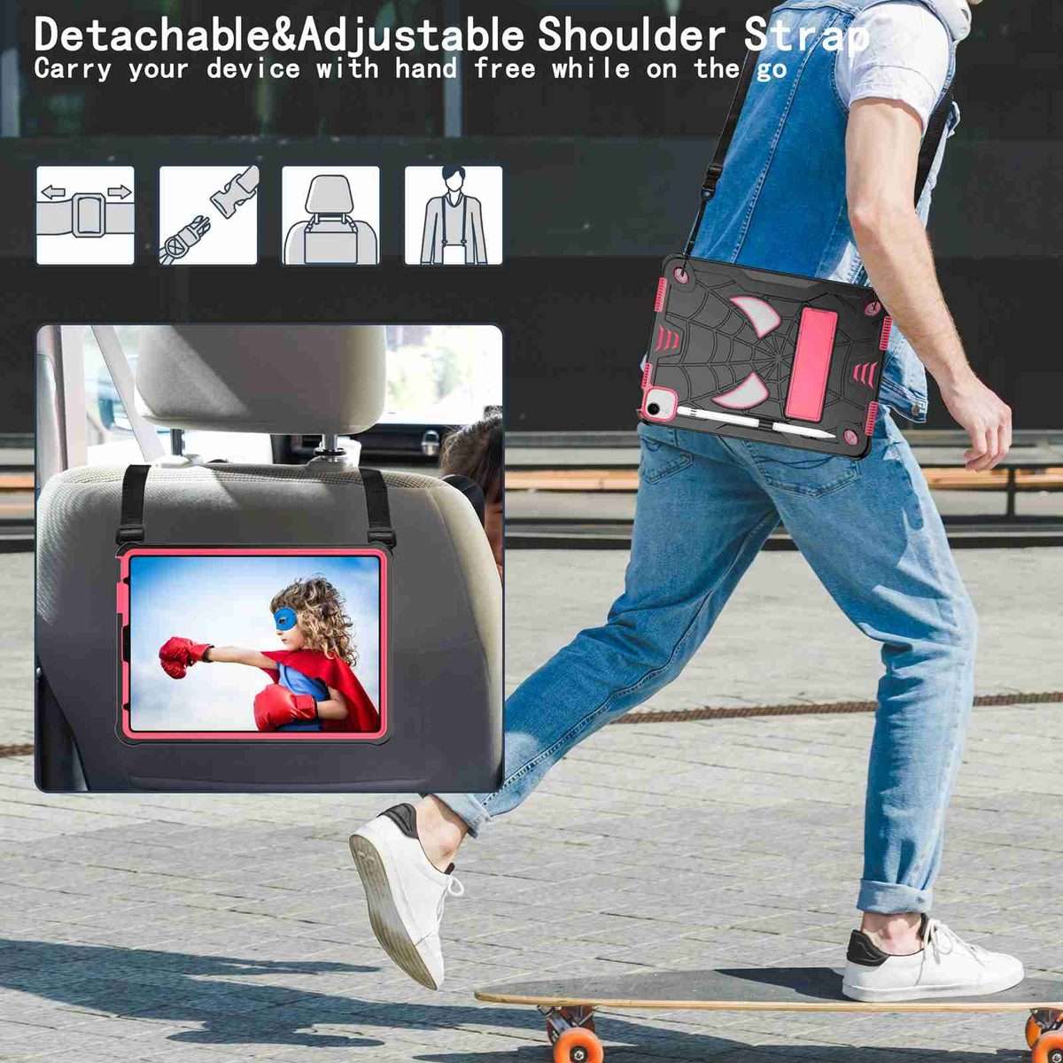 For iPad Pro 11 2021 / Air 5 10.9 Spider Texture Silicone Hybrid PC Tablet ... (Black + Rose Red)