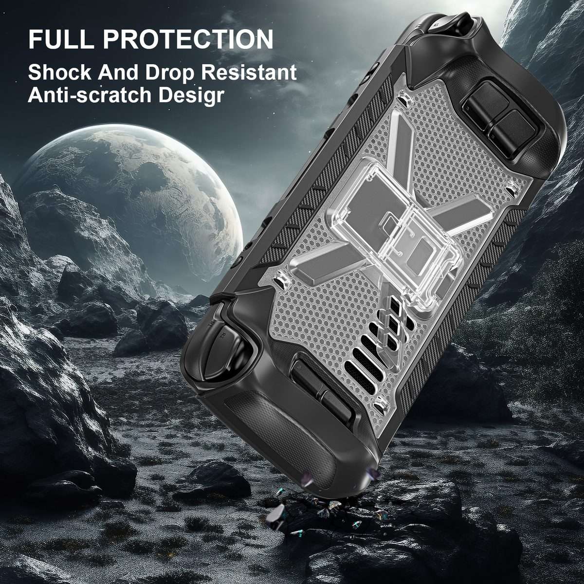 For Steam Deck Shockproof Game Console Case with Holder & Shoulder Strap(Black+Transparent)
