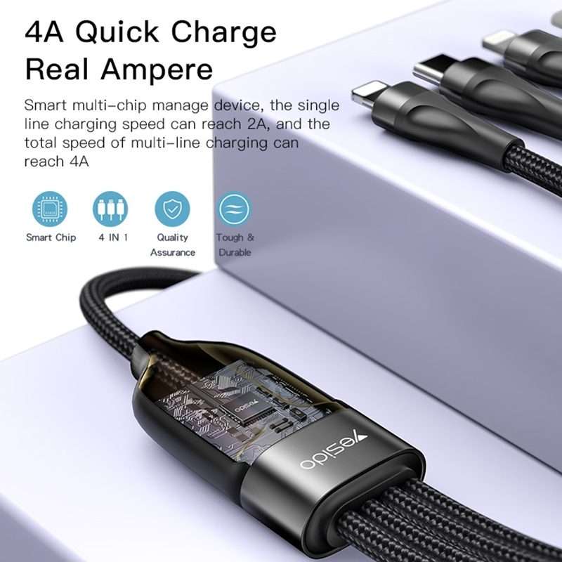 YESIDO CA110 1.2m 4A Type-C to Dual Type-C + Dual 8 Pin Charging Cable(Black)