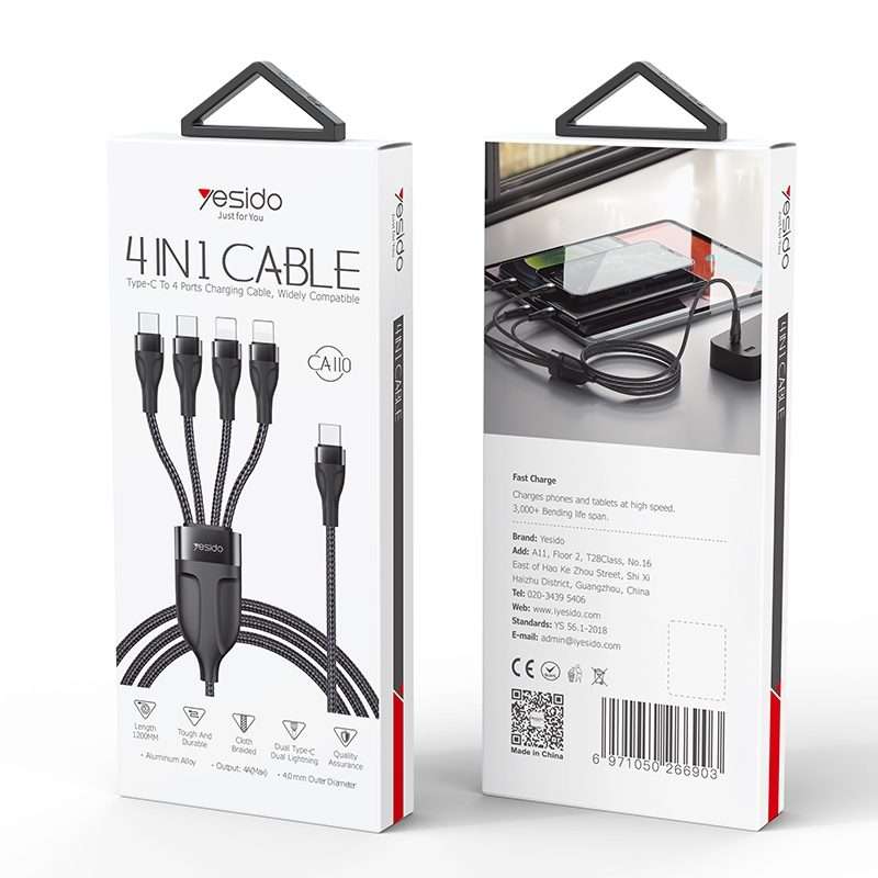 YESIDO CA110 1.2m 4A Type-C to Dual Type-C + Dual 8 Pin Charging Cable(Black)