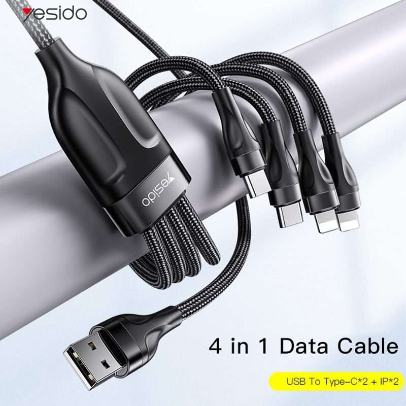 YESIDO CA111 1.2m 4A USB to Dual Type-C + Dual 8 Pin Charging Cable(Black)